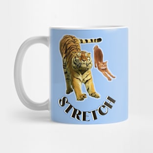 Stretch exercise by a tiger and a cat - black text to Mug